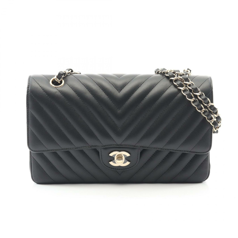 香奈兒 (CHANEL) 人字紋 V 型縫線 W 型翻蓋鏈條單肩背包 A01166 黑色皮革 金色五金 二手-0