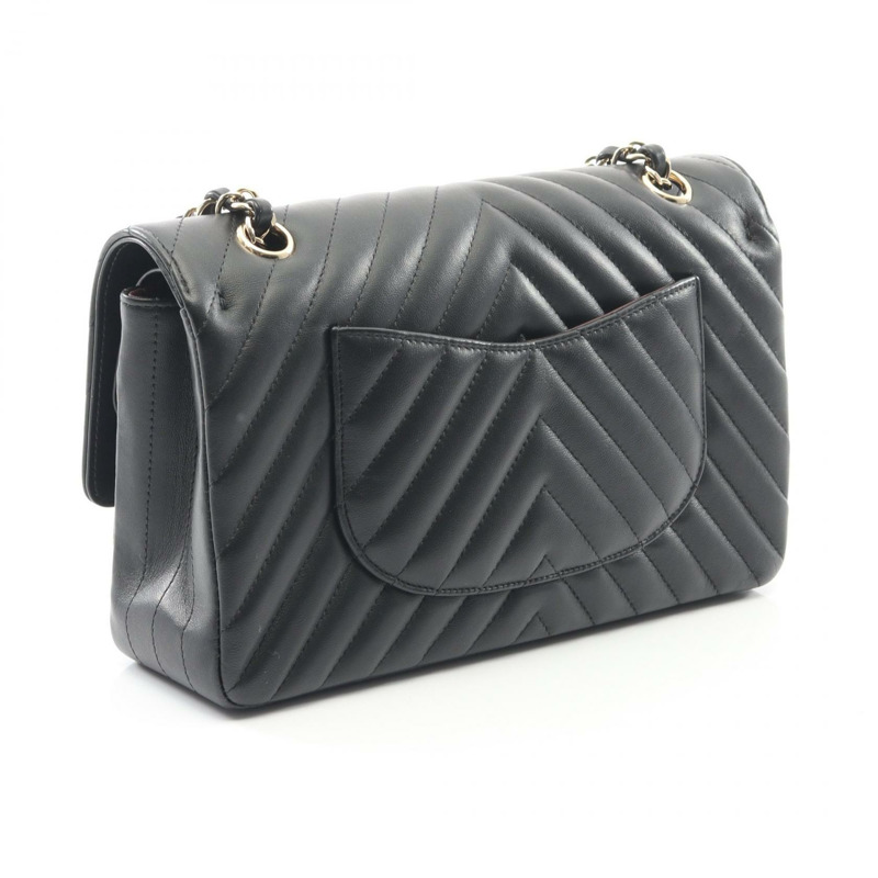香奈兒 (CHANEL) 人字紋 V 型縫線 W 型翻蓋鏈條單肩背包 A01166 黑色皮革 金色五金 二手-1