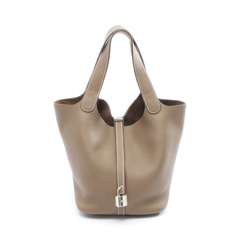 愛馬仕 Picotin Lock MM 手提包，Clemence 皮革，灰色/灰褐色，SHW W，二手