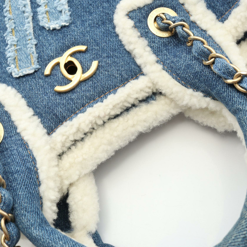 香奈兒 (CHANEL) 大號購物單肩手提包 AS0759 牛仔佈白羊毛藍白色二手金色五金-6