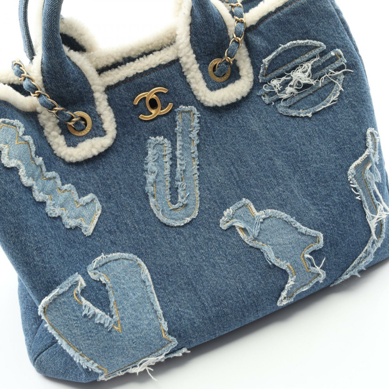 香奈兒 (CHANEL) 大號購物單肩手提包 AS0759 牛仔佈白羊毛藍白色二手金色五金-8