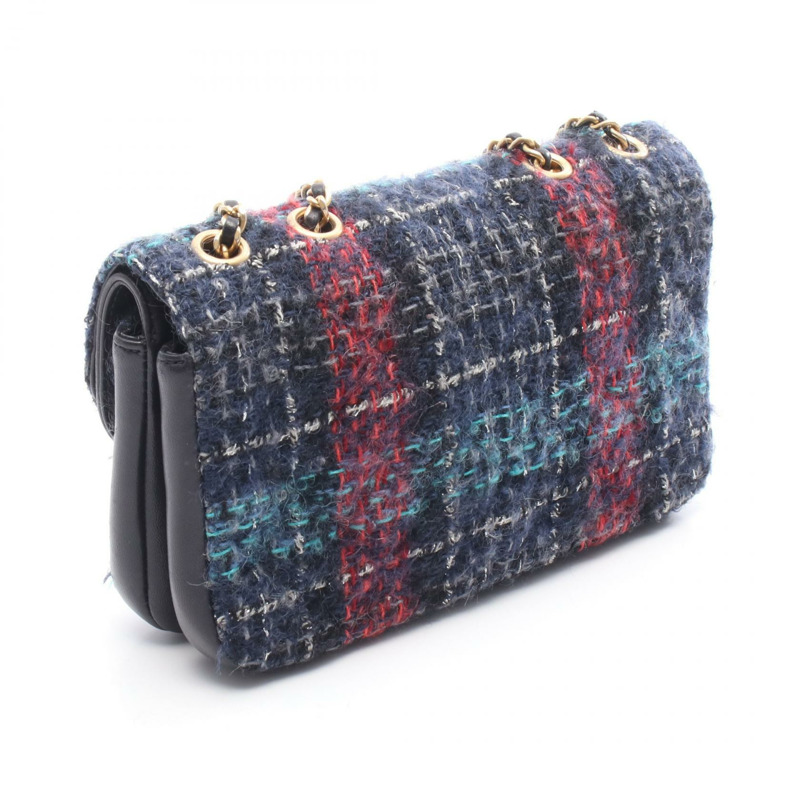 香奈兒 COCO Mark W 翻蓋鏈條肩背包，斜紋軟呢皮革，海軍藍，二手，女士，金色五金-1