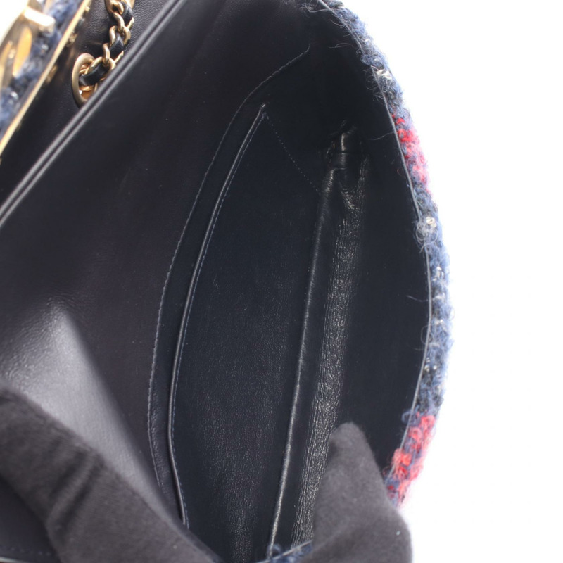 香奈兒 COCO Mark W 翻蓋鏈條肩背包，斜紋軟呢皮革，海軍藍，二手，女士，金色五金-3