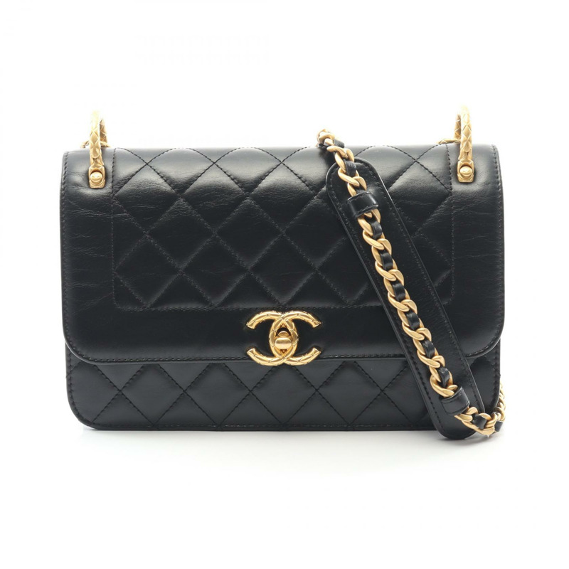 香奈兒 (CHANEL) 絎縫鏈條肩背包，黑色皮革，二手，女士，金色五金-0