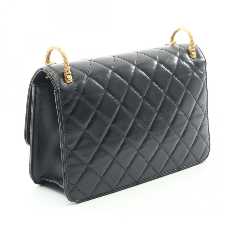 香奈兒 (CHANEL) 絎縫鏈條肩背包，黑色皮革，二手，女士，金色五金-1