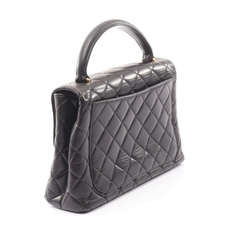 香奈兒 (CHANEL) Matelasse 頂部手柄手提包，羊皮材質，黑色，二手，女士款，金色五金-1