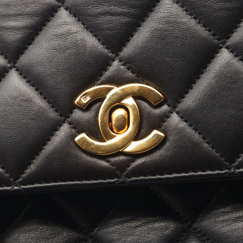 香奈兒 (CHANEL) Matelasse 頂部手柄手提包，羊皮材質，黑色，二手，女士款，金色五金-10