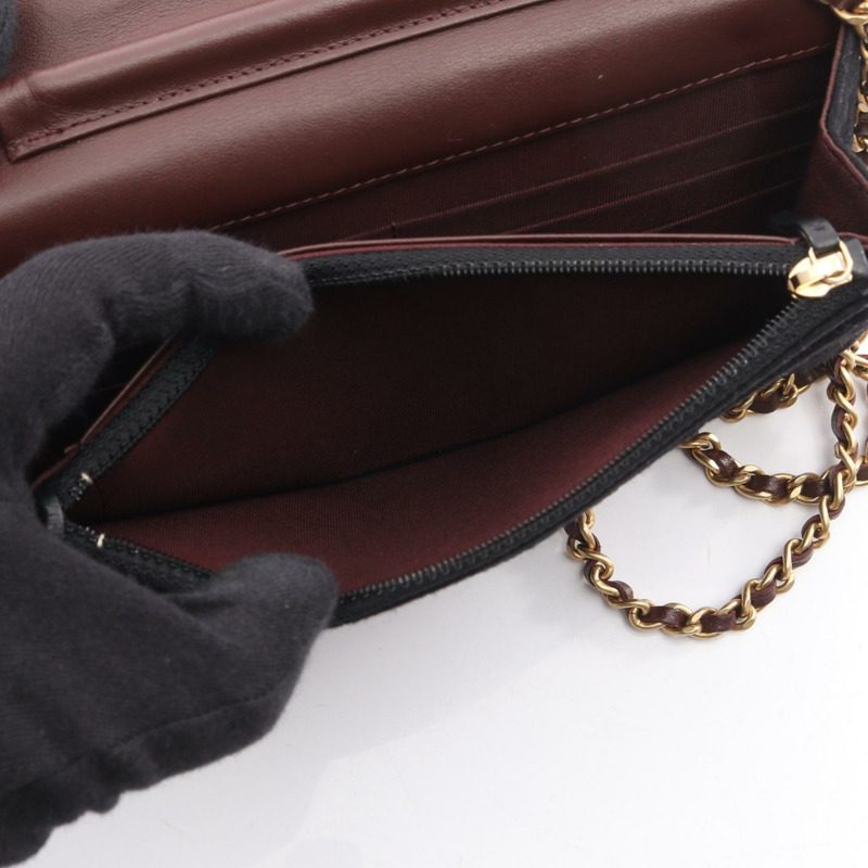 香奈兒 (CHANEL) 絎縫鏈條斜挎單肩包，羊毛材質，黑色，二手，女士，金色五金-3