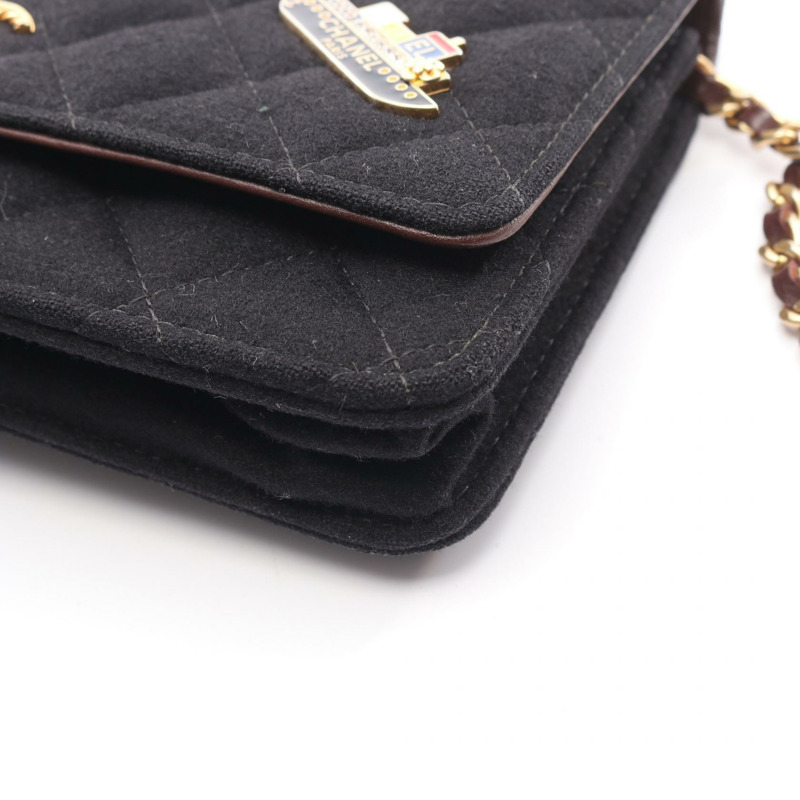 香奈兒 (CHANEL) 絎縫鏈條斜挎單肩包，羊毛材質，黑色，二手，女士，金色五金-8