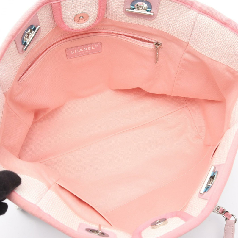 香奈兒 Deauville 手提包鏈條肩包 A67001 帆布皮革 白色 粉紅色 二手-2