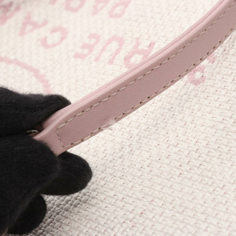 香奈兒 Deauville 手提包鏈條肩包 A67001 帆布皮革 白色 粉紅色 二手-9