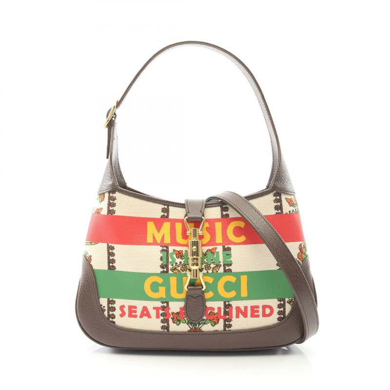 GUCCI Jackie 1961 肩背包 636706 帆布皮革 米色 棕色 二手 女士-0
