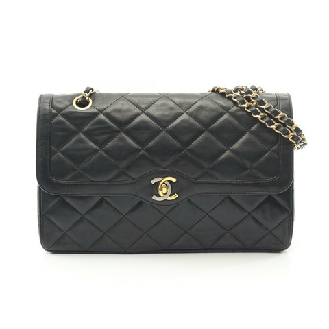 香奈兒 (CHANEL) Matelasse Paris 限量版 W 翻蓋鏈條肩背包，羊皮材質，黑色，二手