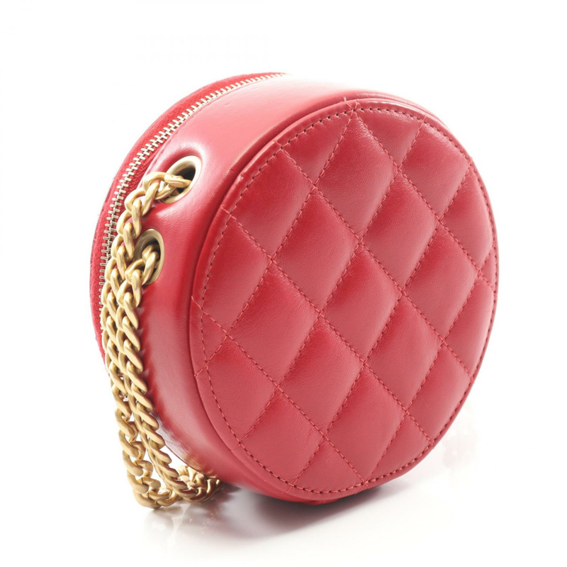 香奈兒 (CHANEL) 圓形迷你鏈條斜挎包，羊皮材質，紅色，二手，金色五金-1