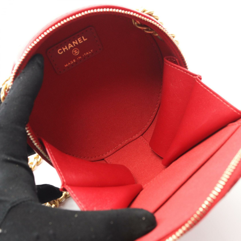 香奈兒 (CHANEL) 圓形迷你鏈條斜挎包，羊皮材質，紅色，二手，金色五金-2