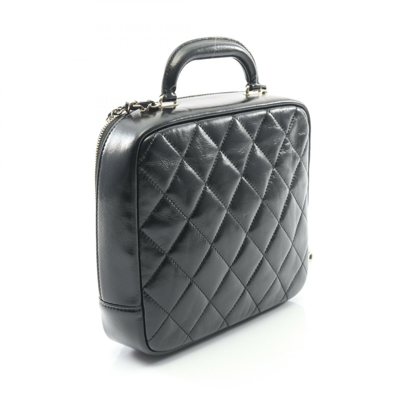 香奈兒 (CHANEL) Matelasse 頂部手柄斜挎單肩包，亮面小牛皮，黑色，二手，金色五金-1