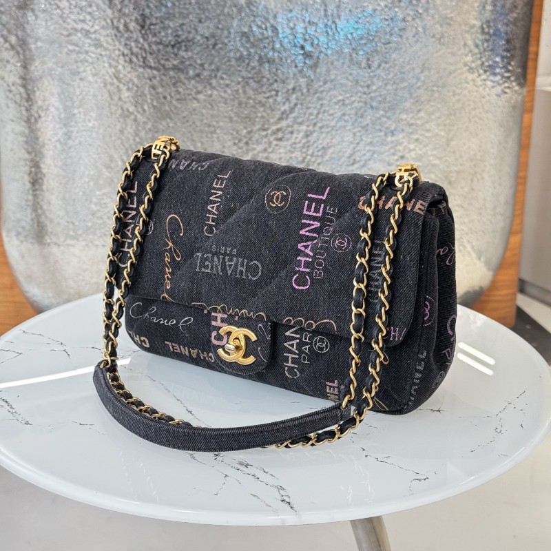 CHANEL 22P黑色塗鴉牛仔CF中號-1