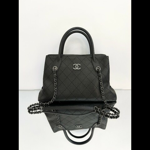 Chanel/香奈兒 黑銀托特鏈條包 荔枝紋牛皮