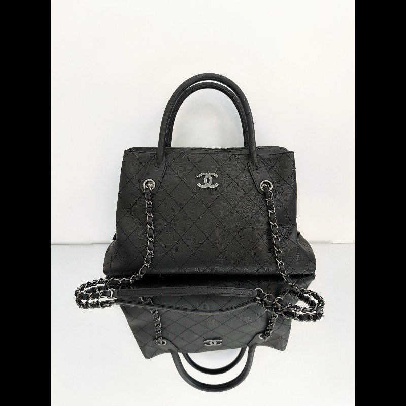 Chanel/香奈兒 黑銀托特鏈條包 荔枝紋牛皮-0