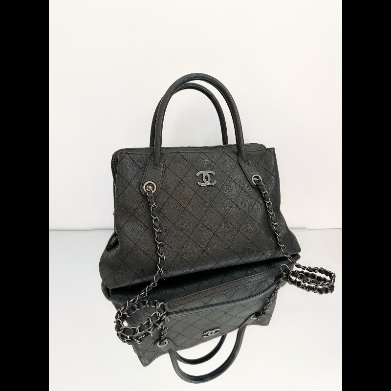 Chanel/香奈兒 黑銀托特鏈條包 荔枝紋牛皮-1