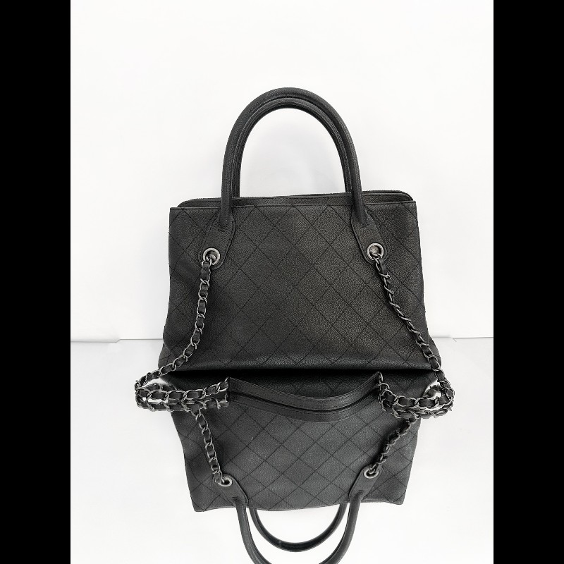 Chanel/香奈兒 黑銀托特鏈條包 荔枝紋牛皮-2