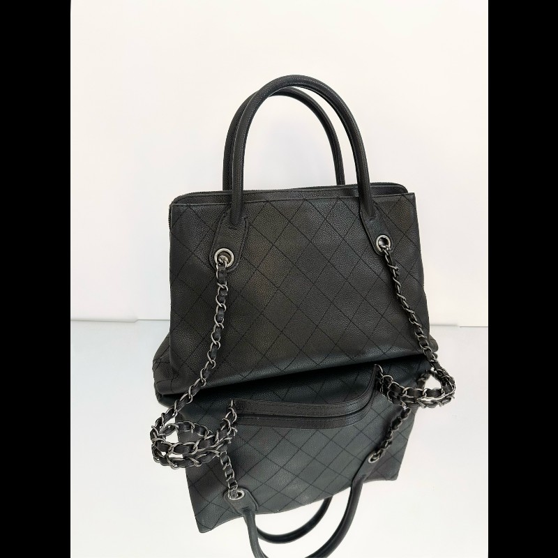 Chanel/香奈兒 黑銀托特鏈條包 荔枝紋牛皮-3