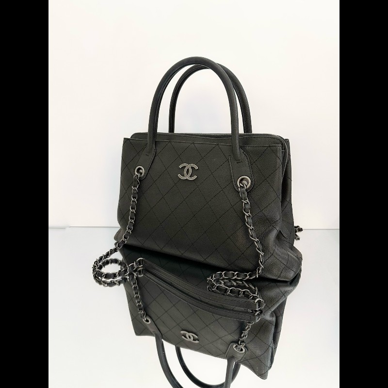 Chanel/香奈兒 黑銀托特鏈條包 荔枝紋牛皮-4