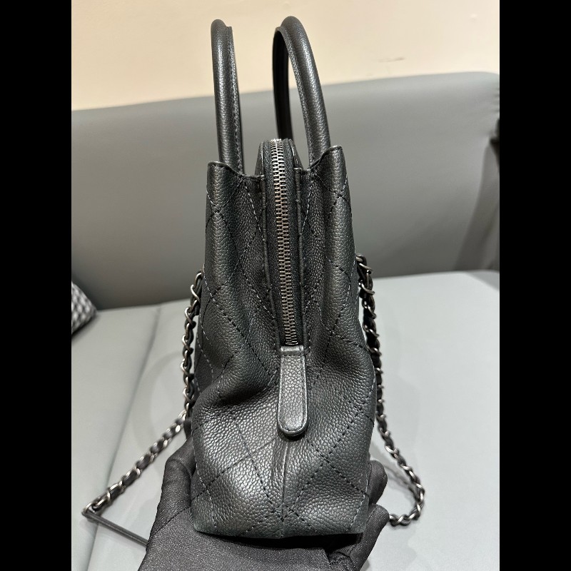 Chanel/香奈兒 黑銀托特鏈條包 荔枝紋牛皮-8