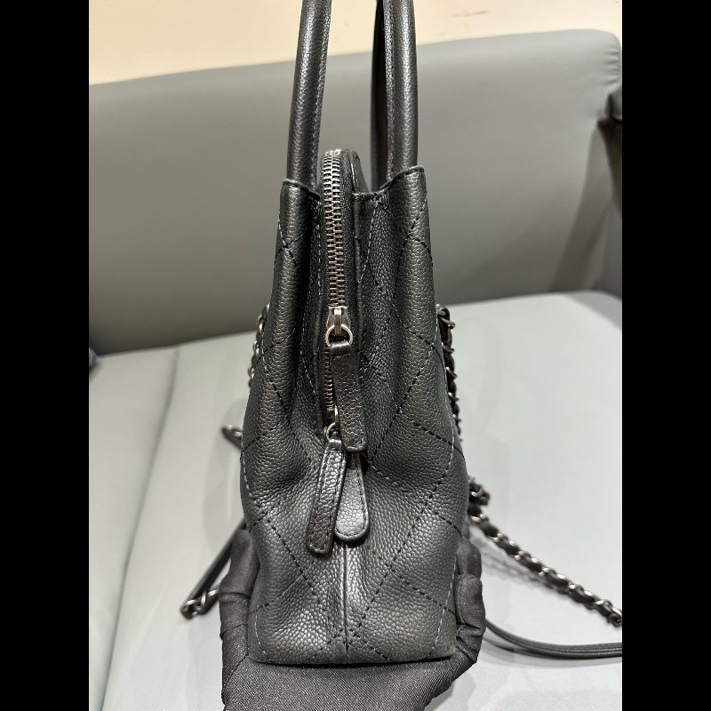 Chanel/香奈兒 黑銀托特鏈條包 荔枝紋牛皮-9