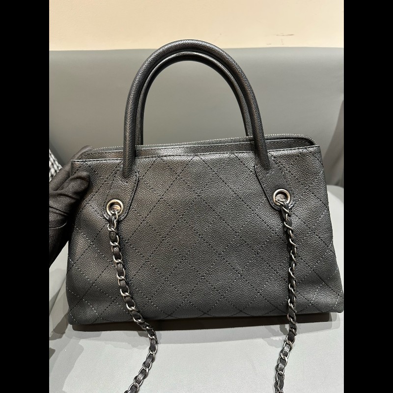 Chanel/香奈兒 黑銀托特鏈條包 荔枝紋牛皮-10