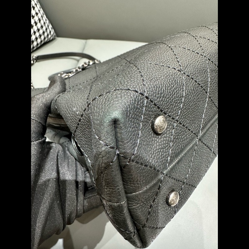 Chanel/香奈兒 黑銀托特鏈條包 荔枝紋牛皮-12