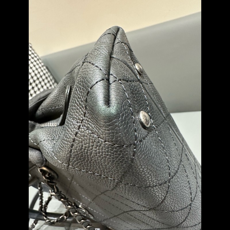 Chanel/香奈兒 黑銀托特鏈條包 荔枝紋牛皮-13