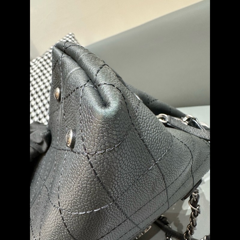 Chanel/香奈兒 黑銀托特鏈條包 荔枝紋牛皮-15