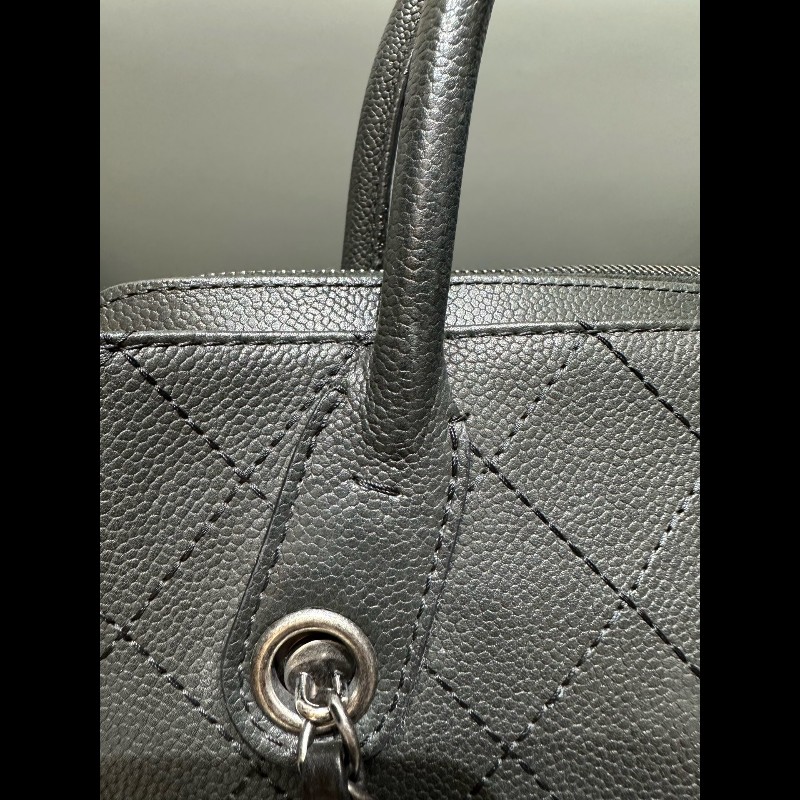 Chanel/香奈兒 黑銀托特鏈條包 荔枝紋牛皮-17