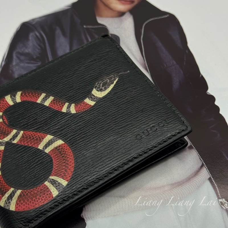 GUCCI 古馳 珊瑚蛇印花黑色對開短夾-2