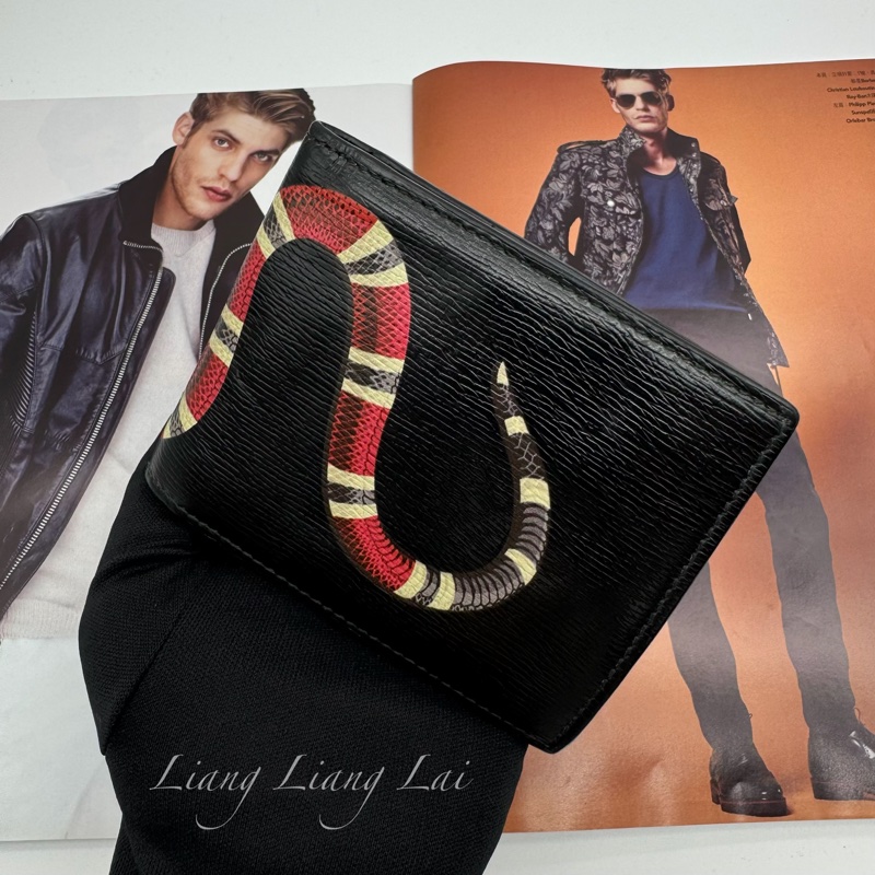 GUCCI 古馳 珊瑚蛇印花黑色對開短夾-13