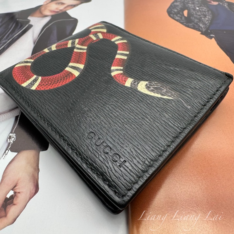GUCCI 古馳 珊瑚蛇印花黑色對開短夾-18