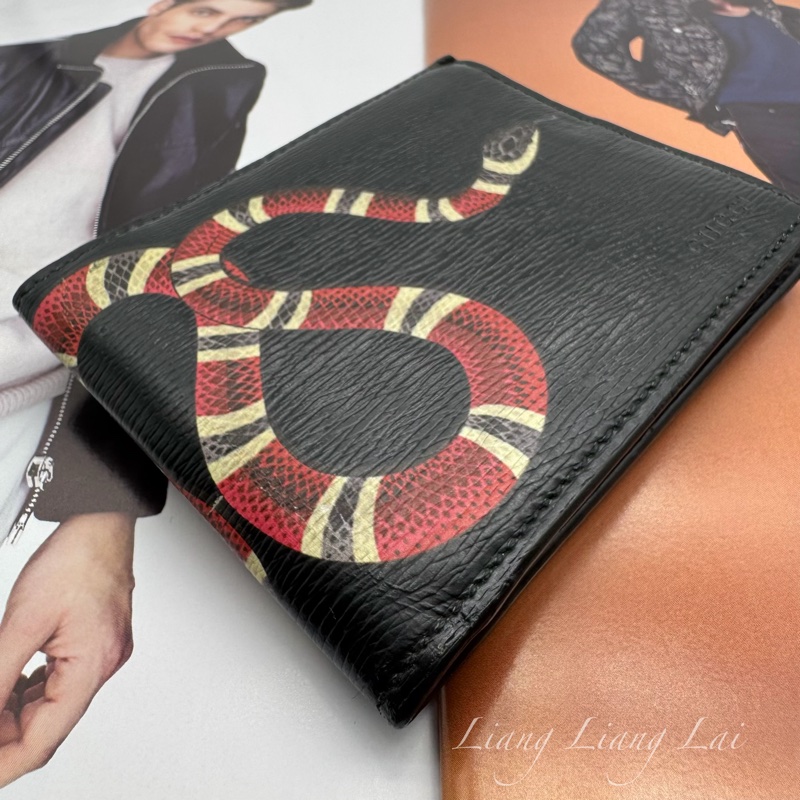 GUCCI 古馳 珊瑚蛇印花黑色對開短夾-19