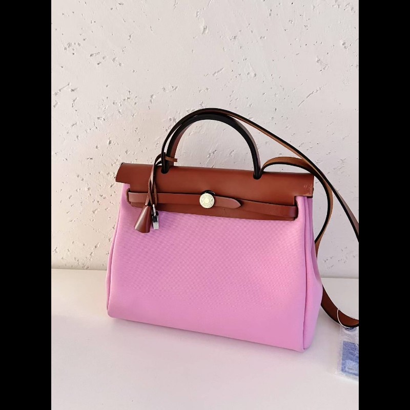 Hermes herbag31 櫻花粉銀扣 帆布拼皮-0