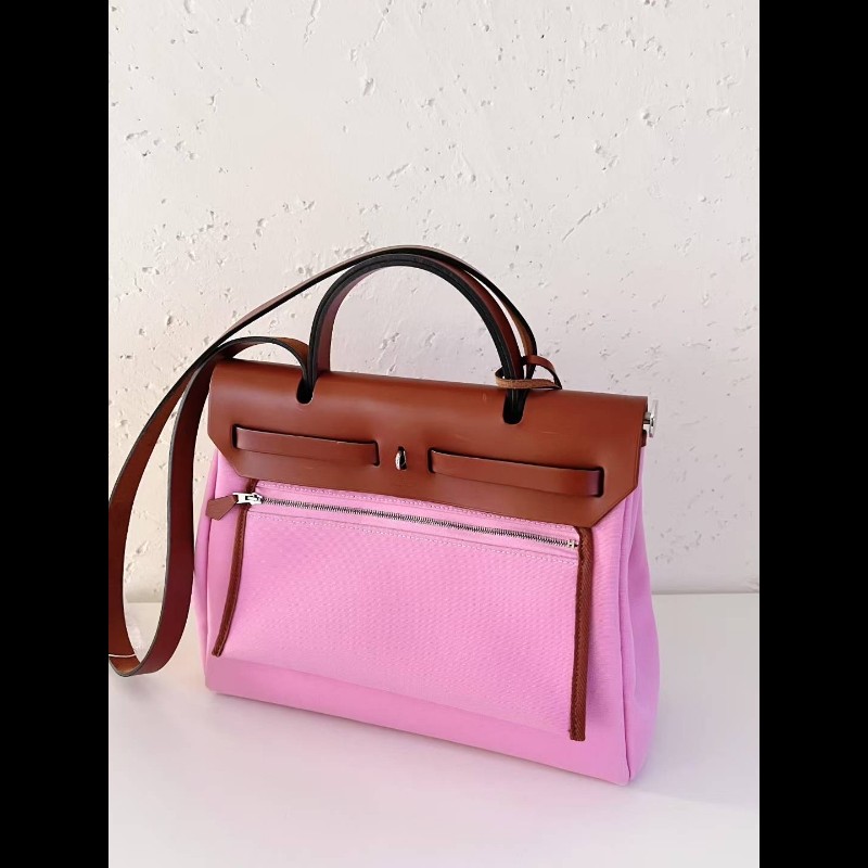 Hermes herbag31 櫻花粉銀扣 帆布拼皮-1