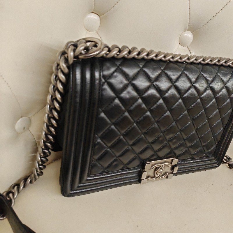 Chanel Leboy 黑色小牛皮復古銀扣菱格中號 25cm 鏈條包-1