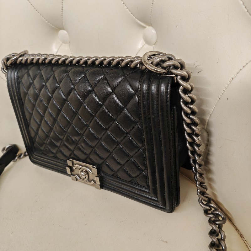 Chanel Leboy 黑色小牛皮復古銀扣菱格中號 25cm 鏈條包-3