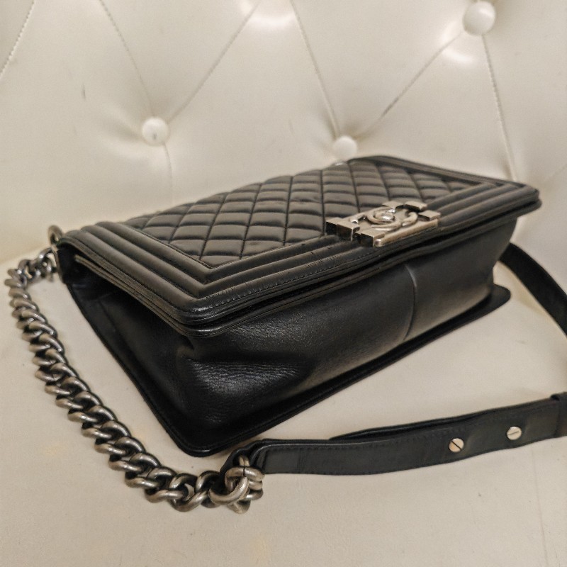 Chanel Leboy 黑色小牛皮復古銀扣菱格中號 25cm 鏈條包-6
