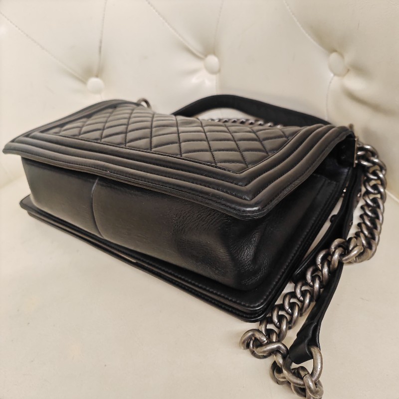 Chanel Leboy 黑色小牛皮復古銀扣菱格中號 25cm 鏈條包-7