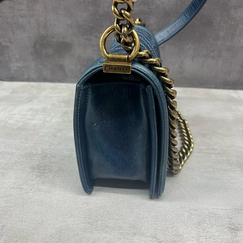 Chanel  LEBOY 藍色油蠟皮菱格紋 中號25cm-2