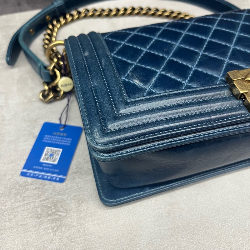 Chanel  LEBOY 藍色油蠟皮菱格紋 中號25cm-6