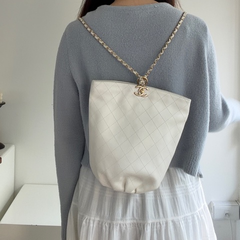 Chanel 白色荔枝皮 雙鏈 後背包