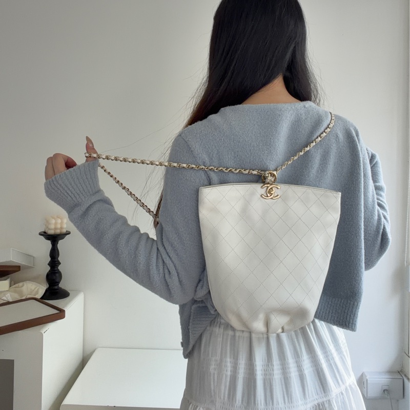 Chanel 白色荔枝皮 雙鏈 後背包-1
