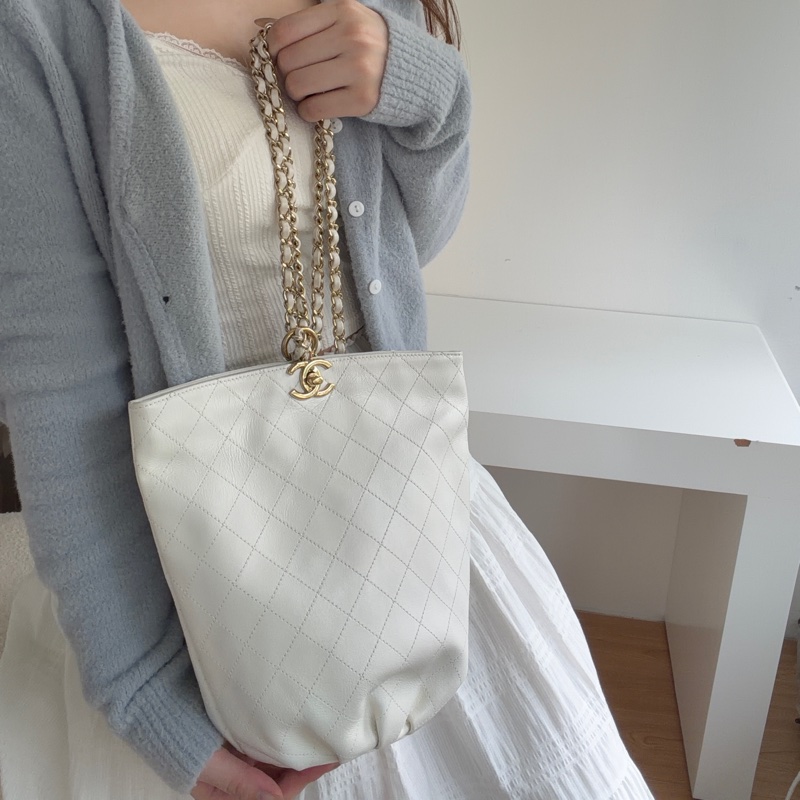 Chanel 白色荔枝皮 雙鏈 後背包-2