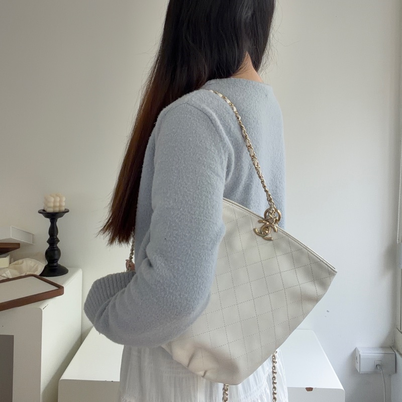 Chanel 白色荔枝皮 雙鏈 後背包-3